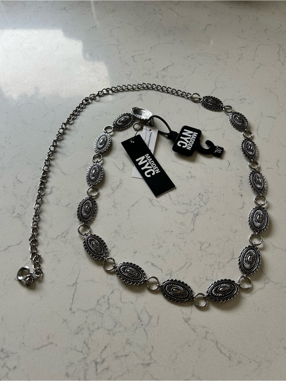NWT Madden NYC Silver Concho Chain Belt with Engraved Embellished Medallions - Picture 3 of 10